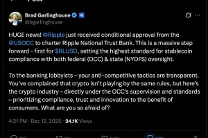 Ripple获得美国信托银行牌照，Garlinghouse反击银行业游说团体
