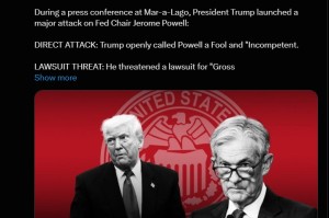 特朗普称美联储主席杰罗姆·鲍威尔为“傻瓜”，暗示可能将其免职。